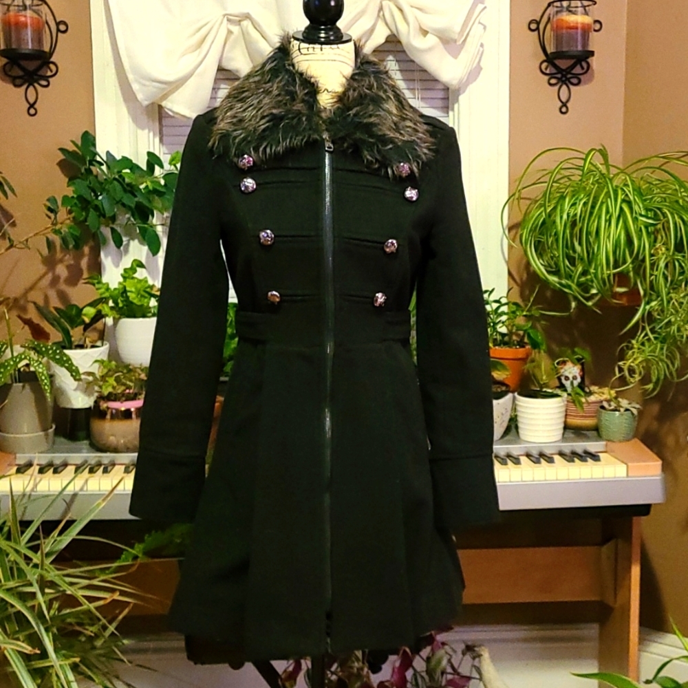 NWOT faux fur black wool coat